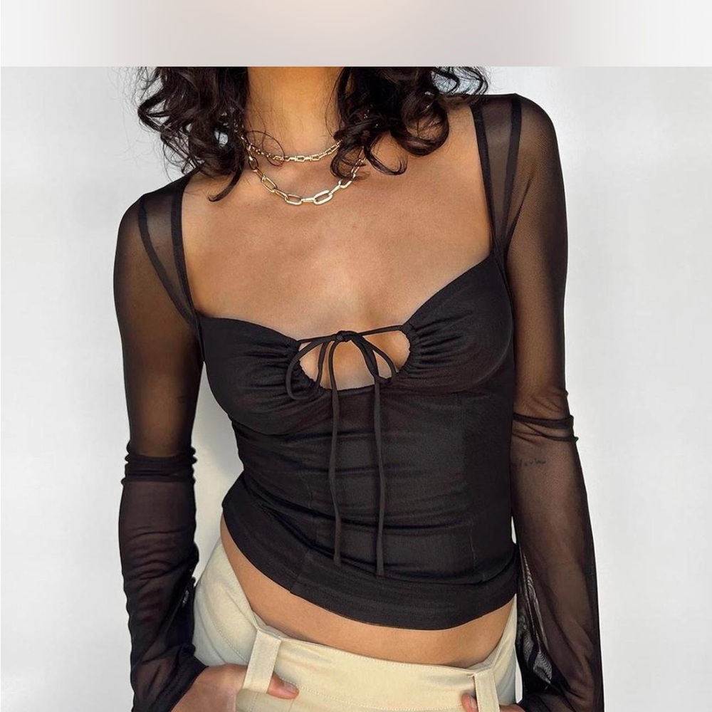 Princess Polly Elegant Black Sheer Sleeve Top